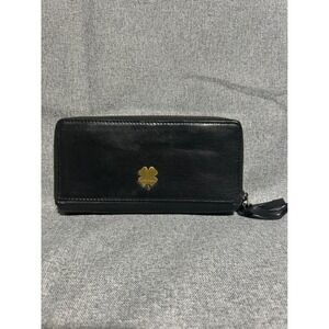 Lucky Brand Wallet Women OS Black Leather Zip Around Studded Clover Logo